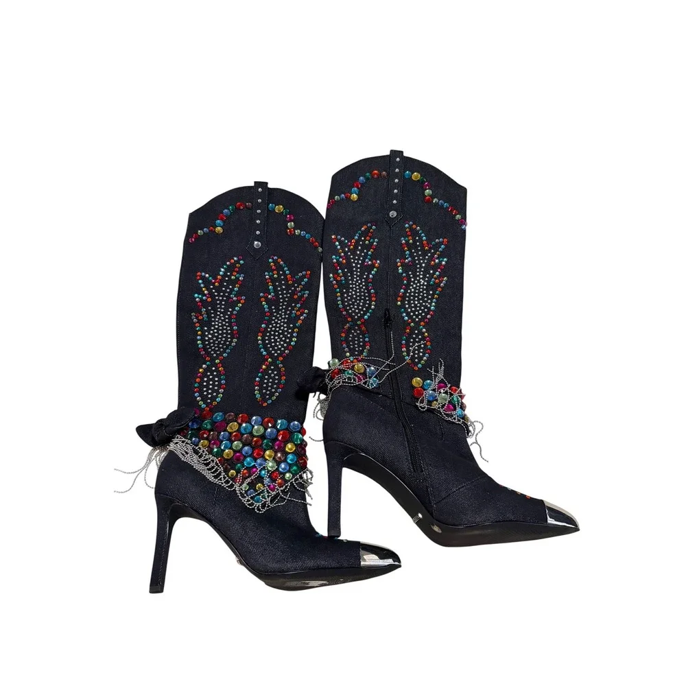 Gianni Bini Kaitrin Rainbow Rhinestone Fringe Bandana Over-Knee Boots 8.5
